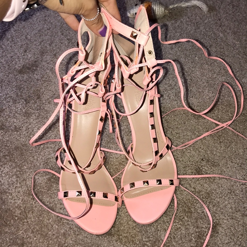 Pink and gold studded tie up heels